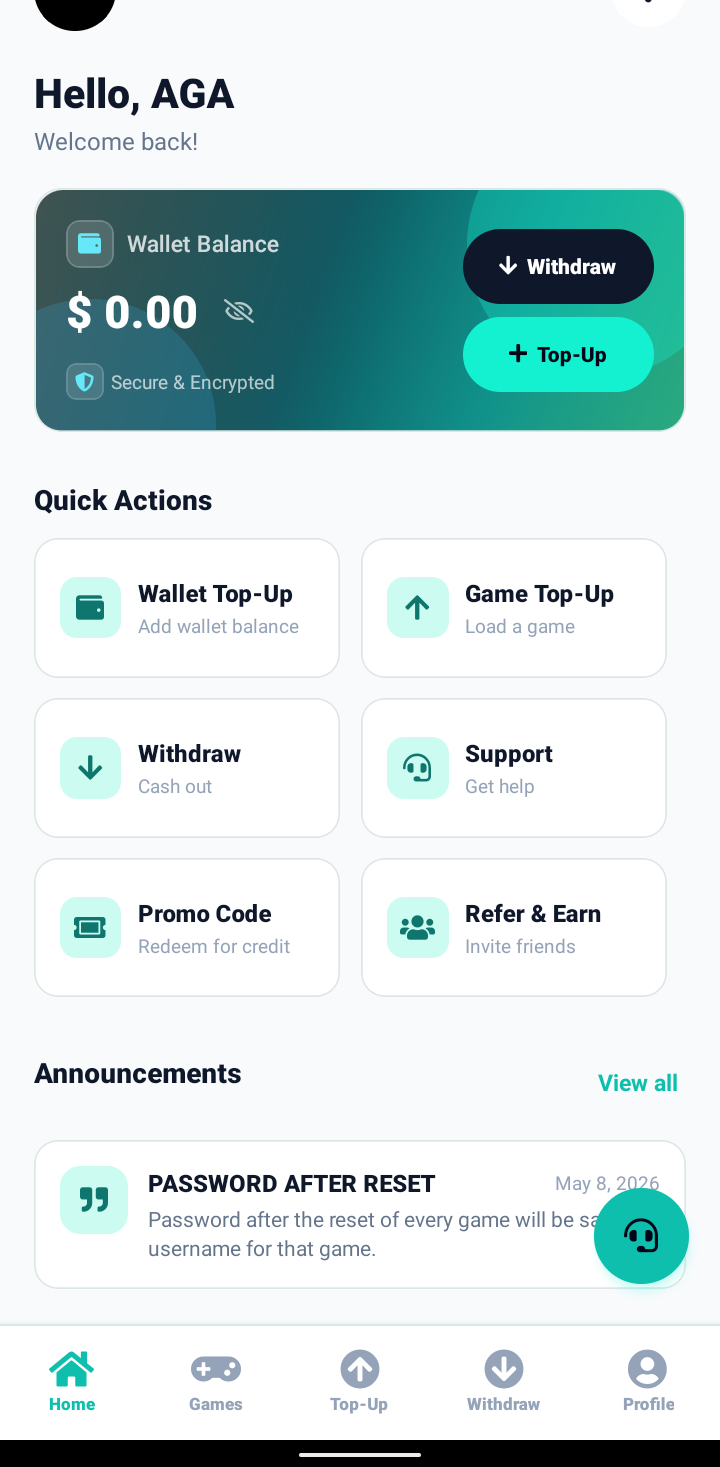 AGA app home screen