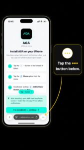 AGA install screen prompting to tap the three-dots button in Safari