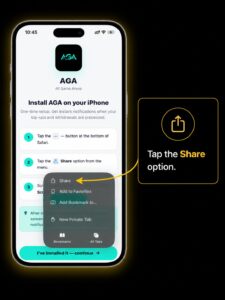Tap the Share button in Safari to install the AGA iOS app